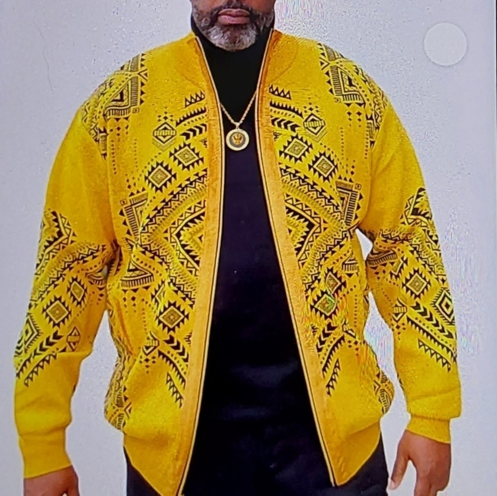 Silver SILK MEN'S INDIGENOUS/ AZTEC-INSPIRED DESIGN ZIPPER UP CARDIGAN SIZE  XXL